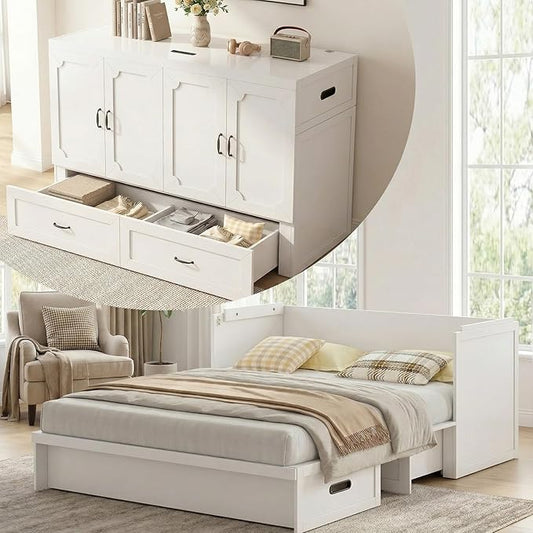 Mjkone Queen Murphy Bed with Mattress Include, Murphy Cabinet Bed with USB Charging Station, Hidden Cube Cabinet Beds with Large Storage Drawer for Bedroom Guest Room Home Office, White