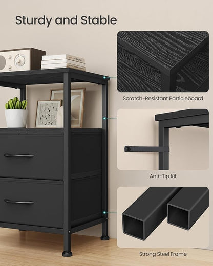 SONGMICS Nightstand, Bed Side Table, End Table with 2 Drawers and 1 Open Shelf, Industrial, Set of 2, Ink Black, BELLAH Collection ULGS062B101S
