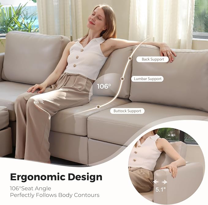 ABCASA Modular Sectional Loveseat Sofa Couch with Storage Seats, 3 Seater L Shaped Couch with Movable Ottoman for Small Spaces, Whitesand