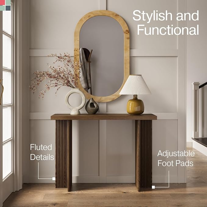 Stead Fluted Console Table - Slim Entryway Table for Narrow Hallways - Natural Wood Console with Curved Cross Base & Mid-Century Modern Style - Walnut