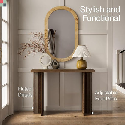 Stead Fluted Console Table - Slim Entryway Table for Narrow Hallways - Natural Wood Console with Curved Cross Base & Mid-Century Modern Style - Walnut