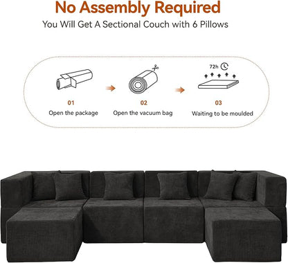 MONVANE 130'' Modular Sectional Cloud Couch for Living Room, 6 Seater Convertible Chenille Couches Set with Ottoman & Pillow, No Assembly Compression Sofas, Comfy Floor Sofa with Memory Foam, Black