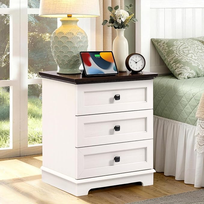 20-Inch Wide Modern Nightstand with Charging Station, End Table with 3 Large Drawers, Simple Design Bedside Table for Bedroom and Office,White(Single Piece)