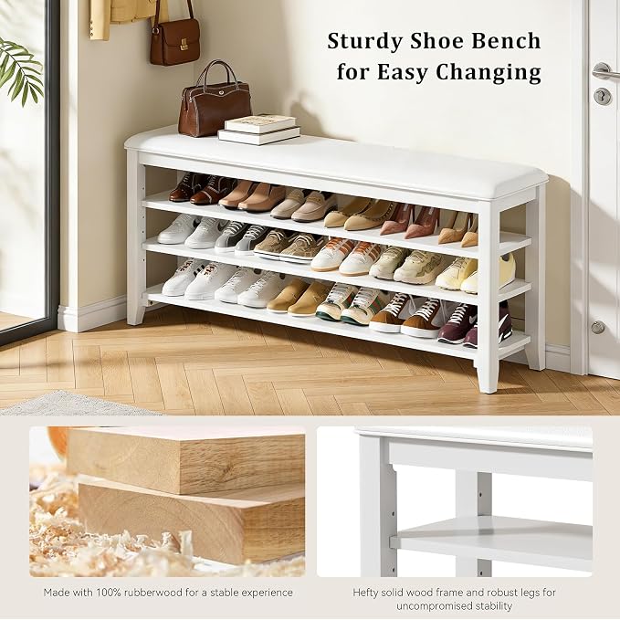 Shoe Rack Bench Entryway Storage with Leather Cushion, Shoe Organizer Bench for Entryway, Ideal for Front Doors Entrances Hallway Mudroom Featuring Rubberwood And 3 Height-Adjustable Removable Shelve