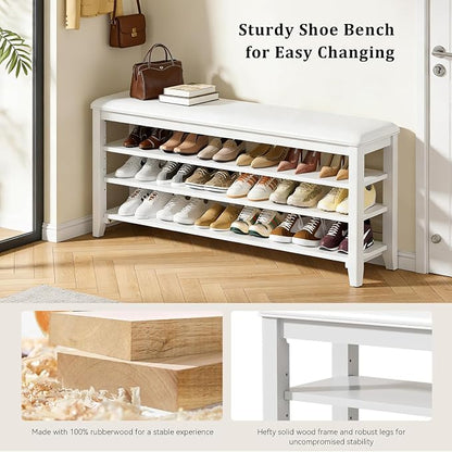 Shoe Rack Bench Entryway Storage with Leather Cushion, Shoe Organizer Bench for Entryway, Ideal for Front Doors Entrances Hallway Mudroom Featuring Rubberwood And 3 Height-Adjustable Removable Shelve