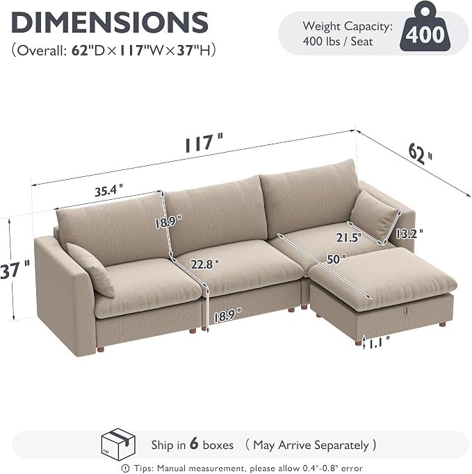 Ihanherry 117" Oversized Modular Sectional Sofa, Modern L Shaped Cloud Couch with Storage Ottoman, 4-Seat Comfy Chenille Deep Seat Sofa with 2 Pillows for Living Room, Khaki
