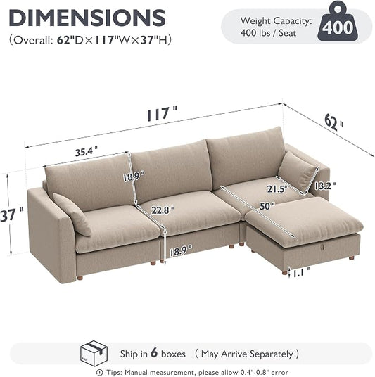 Ihanherry 117" Oversized Modular Sectional Sofa, Modern L Shaped Cloud Couch with Storage Ottoman, 4-Seat Comfy Chenille Deep Seat Sofa with 2 Pillows for Living Room, Khaki