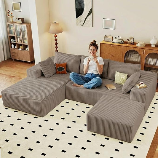 95" Cloud Sectional Couch U-Shaped Chaise with Ottoman, Corduroy Boneless Couch for Living Room Bedroom, Deep-Seat Upholstered Modular Cloud Sofa, No Assembly Required (Camel, Left Facing Chaise)
