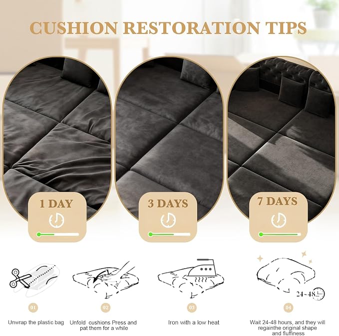 90.6'' Futon Sofa Bed, Chesterfield Velvet Sleeper Sofa, Convertible Floor L-Shaped Couch, Tufted Back, 4 Pillows, Gold Edge Trim, Deep Loveseat Couches for Living Room, Apartment, Gold Black