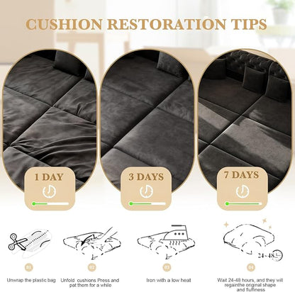 90.6'' Futon Sofa Bed, Chesterfield Velvet Sleeper Sofa, Convertible Floor L-Shaped Couch, Tufted Back, 4 Pillows, Gold Edge Trim, Deep Loveseat Couches for Living Room, Apartment, Gold Black
