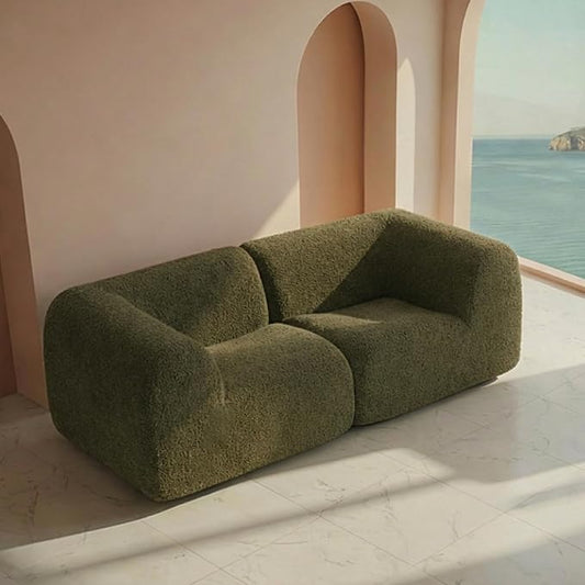 Curved Sectional Modular Couch with Chaise, Modern 76.38'' Boneless Sofa with Deep Seat, Sherpa Boucle Cloud Couch for Living Room, Cozy Teddy Loveseat Couches, No Assembly, Green