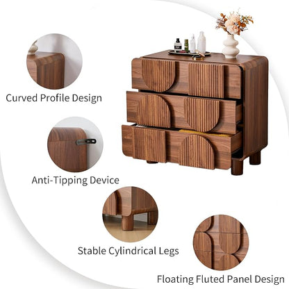 Janmer Home 3 Drawer Dresser, Modern Fluted Wood Chest of Drawers, 31.5" Wide Walnut Nightstand with Anti-Tip Device, Curved Storage Cabinet for Bedroom, Living Room, Entryway