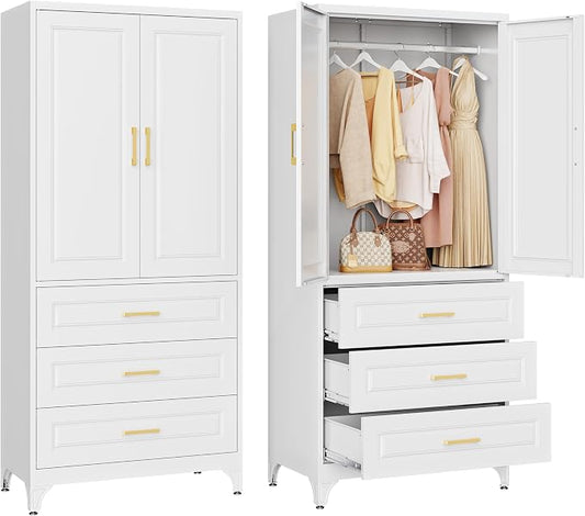 Metal Wardrobe Cabinets with 3 Drawers,White Armoire Wardrobe Closet with Hanging Rod,Clothes Storage Cabinet with Adjustable Shelves and Doors,Clothing Cabinet for Bedroom, Laundry Room,Office