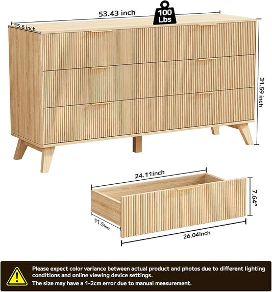 Fluted Dresser with 6 Drawers, 53.43 Inch Wood Double Dresser with Metal Handles Curved Design Wide Storage Organizer Cabinet Modern Chest Dressers for Bedroom Living Room Hallway(Oak)