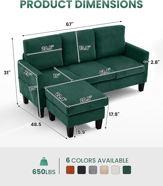 Karl home 67" Small Sectional Couch L Shaped Sofa, Green | Movable Storage Ottoman, Corduroy Upholstered, Sofa Chaise, Side Pockets 5.9" Sofa Legs for Living Room, Apartment, Studio