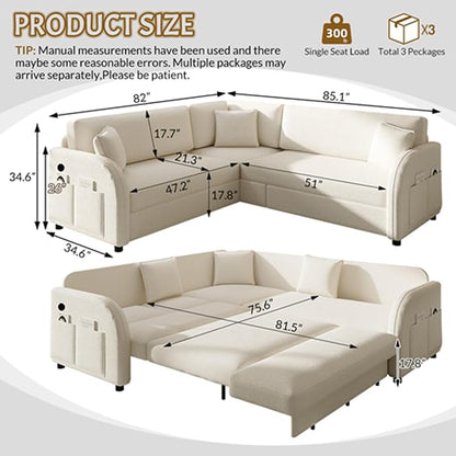 85.1" L-Shaped Pull Out Sofa Bed – Oversize Convertible Sleeper Couch with USB Ports & Side Storage, Teddy Upholstered Sectional for Living Room & Bedroom, Beige White