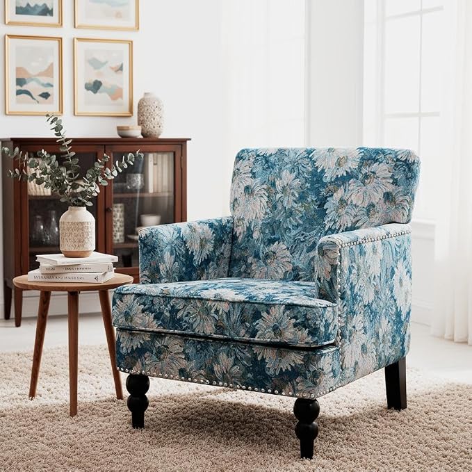 Christopher Knight Home Eve Modern Upholstered Club Chair, Wooden Living Room Accent Chair, Bedroom Comfy Reading Chair, Multifunctional Armchair, Blue Floral