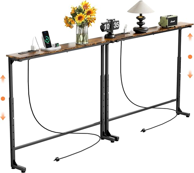 GRLEAF 2 Pack Adjustable Height Narrow Console Table with Power Outlets, 90" Long Sofa Table with Charging Station Behind Couch Table Entryway Table for Living Room and Hallway – Rustic Brown