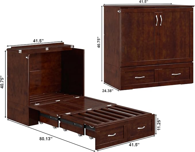 AFI, Hamilton Twin XL Murphy Bed Chest with 6" Mattress, Storage Drawer, and Built-in USB Charger, Walnut