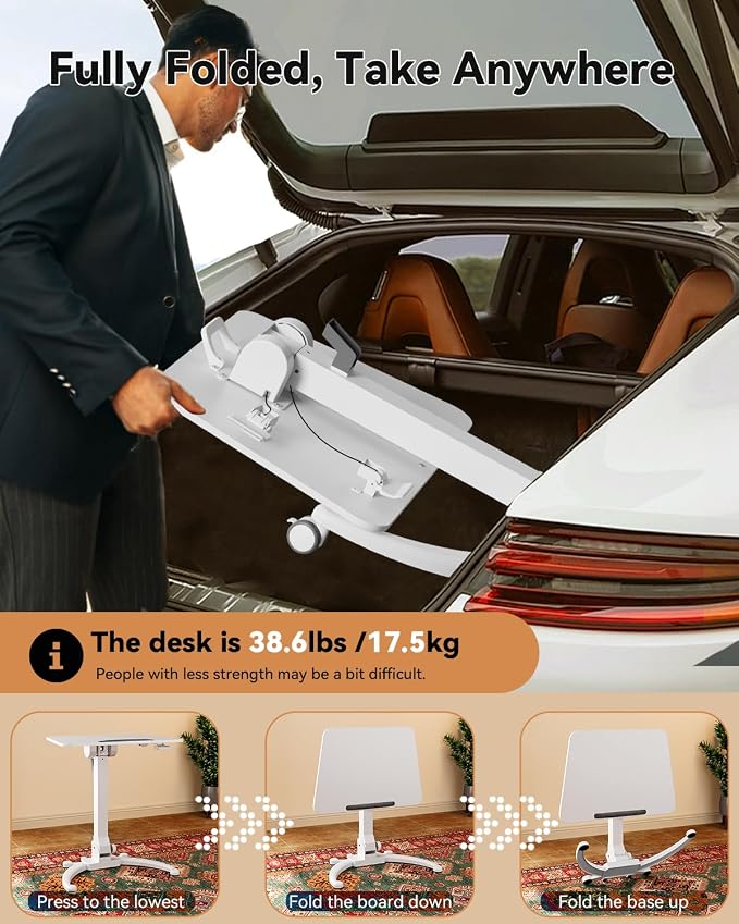 JOY worker Foldable Mobile Standing Desk, Upgraded Height Adjustable Rolling Desk, Max Height 47.6", 90° Tiltable Board & Base, Portable Workstation with Moveable Wheels, Holds Up to 22lbs, White