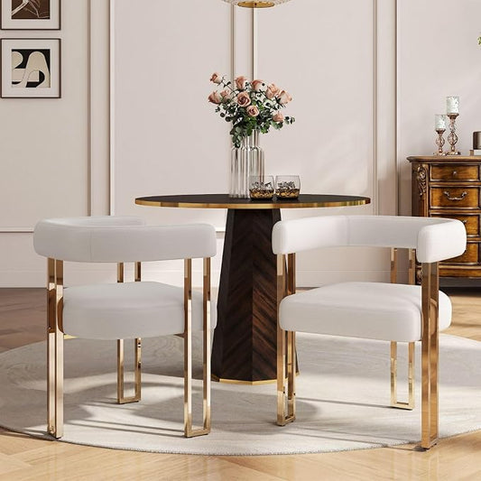 Hyfirm Beige and Gold Modern Dining Chairs Set of 2, Velvet Upholstered Barrel Armchairs with Metal Legs for Kitchen Island, Mid Century Accent Chairs for Dining Room Living Room, Open-Back