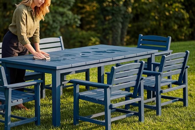 Perli™ 7-Piece Outdoor Dining Set, All-Weather HDPE Patio Furniture with 6 Ergonomic Chairs & Large Table, Built-in Umbrella Hole, UV-Resistant Set for Backyard, Deck, Poolside, Blue