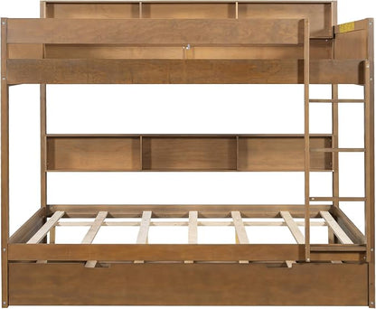 Wood Bunk Bed Full Over Full Size with Built-in Storage Shelves, Versatile Bunk Bed Frame with Ladder and Trundle Bed for Kids Teens Adults, Maximize Space (Antique Wood-2.10)