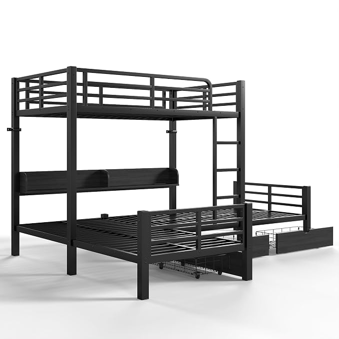 Bellemave L-Shape Triple Bunk Bed with 3 Storage Drawers and Shelves for 3,Metal Bunk Beds Twin Over Twin with Charging Station & LED Lights for Kids,Teens,Adults,Black