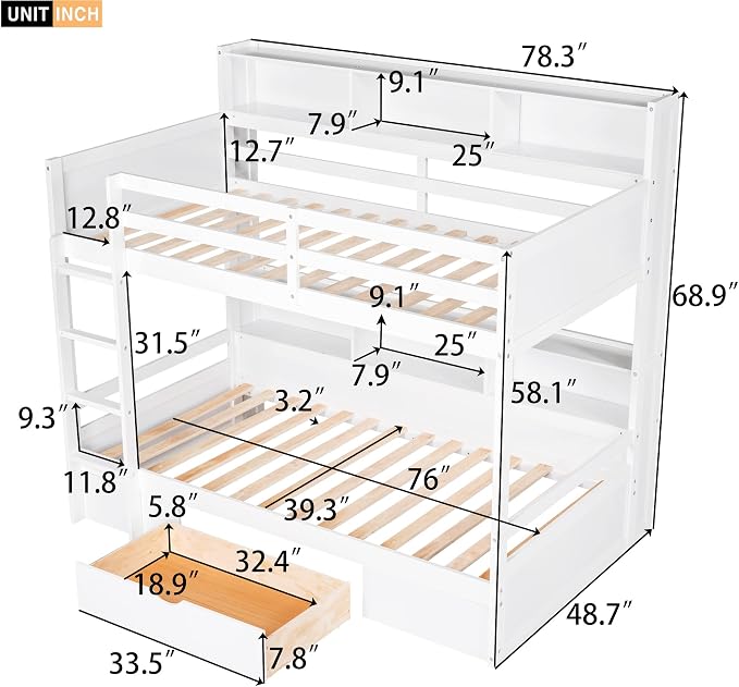 RUNNA Twin Bunk Bed with Storage Drawer, Shelves,Ladder, White | Twin bunk bed with storage drawer, shelves, ladder, guardrails, solid wood, no box spring needed, white, kids teens