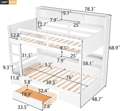 RUNNA Twin Bunk Bed with Storage Drawer, Shelves,Ladder, White | Twin bunk bed with storage drawer, shelves, ladder, guardrails, solid wood, no box spring needed, white, kids teens