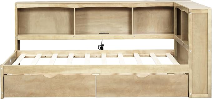 Bellemave Twin Corner Bed Frame with USB Ports, Wood Twin Size Daybed with L-Shaped Bookcase and 2 Drawers，Daybed with Storage Cabinets, Wood Color