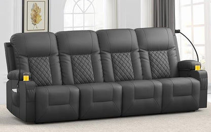 4 Seater Recliner Sofa, Home Theater Seating with Storage & Pocket, 4 Seat Reclining Couch with USB Ports & Phone Holders, Wall Hugger RV Sofa Furniture Loveseat Recliner Couch