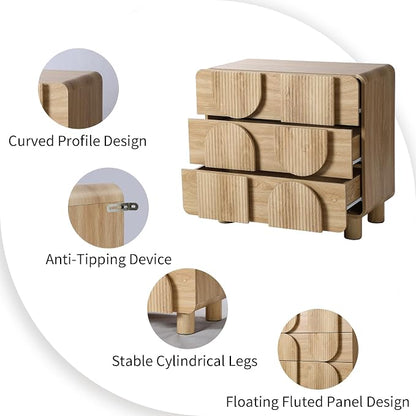 Janmer Home 3 Drawer Dressers for Bedroom, 31.5" Wide Large Mid Century Modern Fluted Nightstand 2 Sets, Wood Dresser & Chest of Drawers with Curved Profile for Living Room, Entryway, Hallway Natural