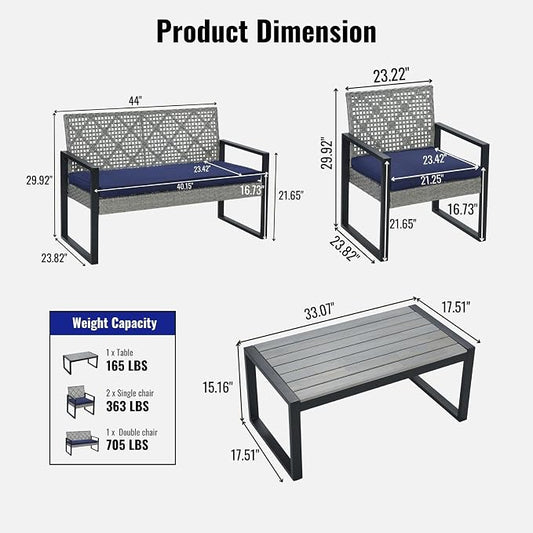 All-Weather 4 Piece Outdoor Rattan Patio Furniture Set (Light Gray) | Acacia Wood Table & Cushions