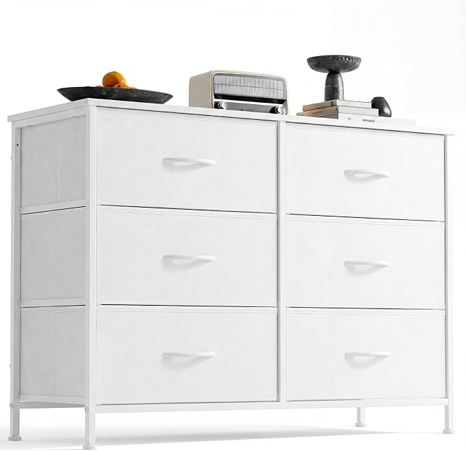 DUMOS White Bedroom Dresser for Closet, Fabric Dresser, Chest of 6 Drawers | Storage Organizer, Small Space TV Stand for Living Room, Anti-tip and Wooden Top, Home Furniture, Hallway
