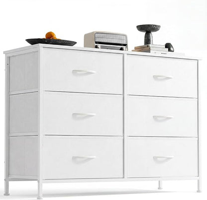 DUMOS White Bedroom Dresser for Closet, Fabric Dresser, Chest of 6 Drawers | Storage Organizer, Small Space TV Stand for Living Room, Anti-tip and Wooden Top, Home Furniture, Hallway