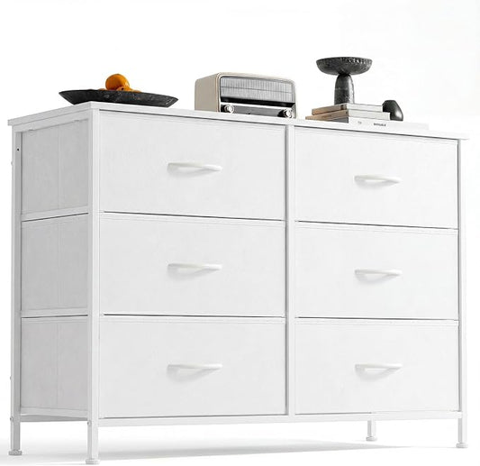 DUMOS White Bedroom Dresser for Closet, Fabric Dresser, Chest of 6 Drawers | Storage Organizer, Small Space TV Stand for Living Room, Anti-tip and Wooden Top, Home Furniture, Hallway
