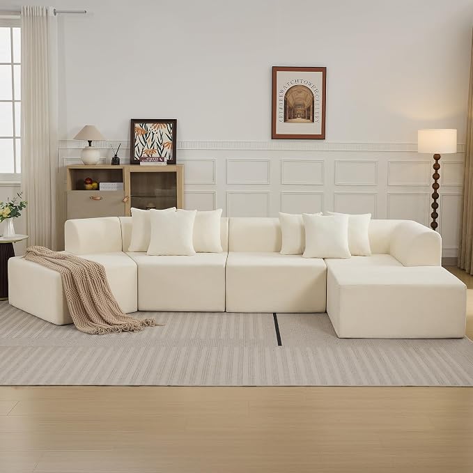 140''Oversized Cloud Velvet Curved Sectional Couch, Boneless Couch with L-Shape Chaise, Upholstered Compression Memory Foam Modular Sectional Sofa for Living Room, No Assembly Required, White