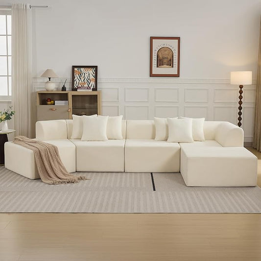 140''Oversized Cloud Velvet Curved Sectional Couch, Boneless Couch with L-Shape Chaise, Upholstered Compression Memory Foam Modular Sectional Sofa for Living Room, No Assembly Required, White