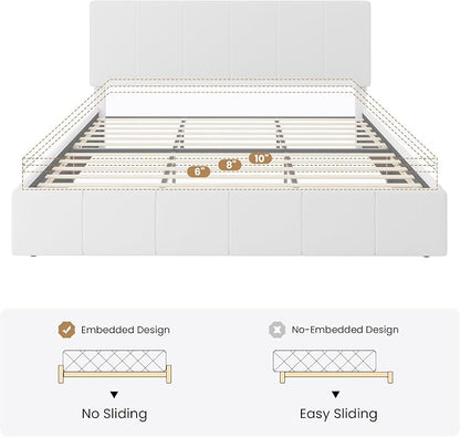 SHA CERLIN King Size Bed Frame, Velvet Upholstered Platform Bed, Vertical Channel Tufted Adjustable Headboard, Low Profile Bed Frame, No Box Spring Needed, Easy Assembly, White