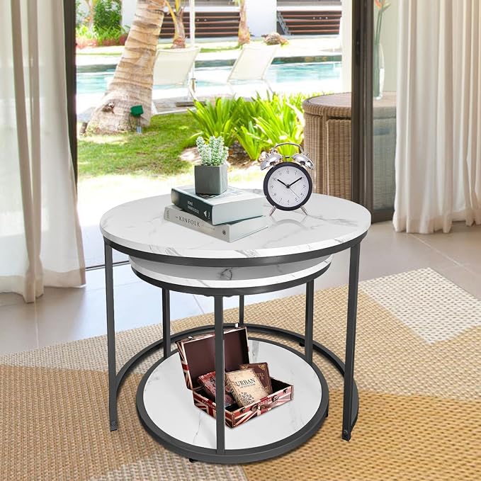 AT-VALY Coffee Table Set of 2 Nesting Tables,Round Side Table for Living Room, Small Accent Table with Storage (Black)