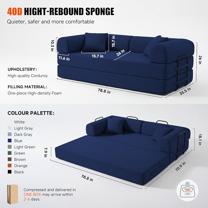 79" Convertible Sleeper Sofa Bed, Corduroy Boneless Fold-Out Couch in a Box, 4-in-1 Loveseat/Futon Couch, High-Density Foam, No Assembly, Side Pockets, 2 Pillows for Small Spaces, Blue