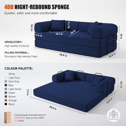 79" Convertible Sleeper Sofa Bed, Corduroy Boneless Fold-Out Couch in a Box, 4-in-1 Loveseat/Futon Couch, High-Density Foam, No Assembly, Side Pockets, 2 Pillows for Small Spaces, Blue