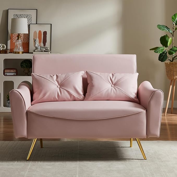 Brelice 47" Faux Leather Loveseat Sofa, Modern Small Couch for Small Space with 2 Pillows, 2 Seater Couch for Living Room, Bedroom, Office, Apartment (Pink)