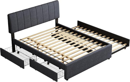 Queen Size Upholstered Platform Bed w/Trundle Bed & 2Storage Drawers | Twin Size Trundle,Two Drawers,LED Lighting Controlled by APP, USB+Type-C Charging Ports,Linen Upholstered Bed Frame,Dark Grey
