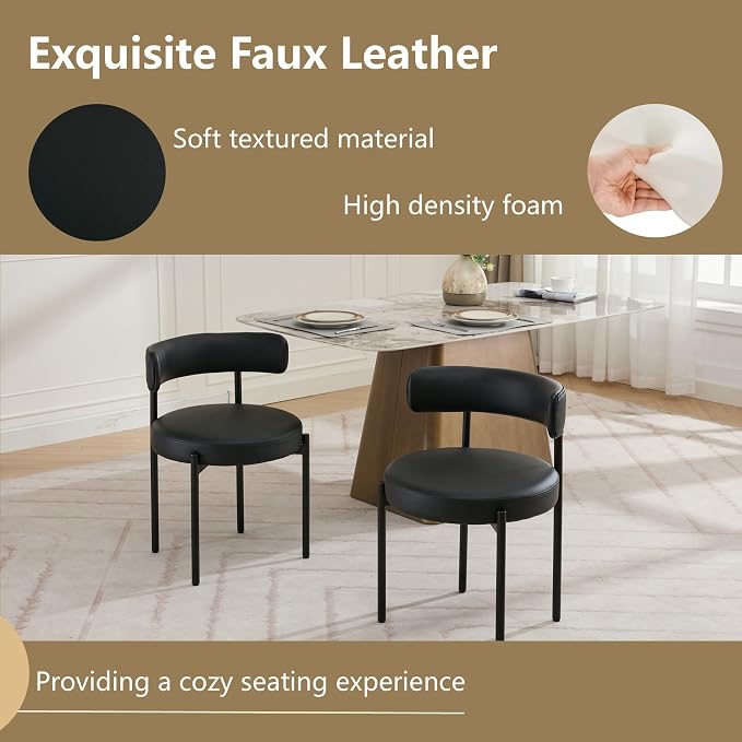Faux Leather Dining Chairs Set of 2, Upholstered Kitchen and Dining Room Chairs, Mid-Century Modern Dining Chairs with Round Back and Black Metal Legs, Vegan Leather, Black