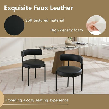Faux Leather Dining Chairs Set of 4, Upholstered Kitchen and Dining Room Chairs, Mid-Century Modern Dining Chairs with Round Back and Black Metal Legs, Vegan Leather, Black