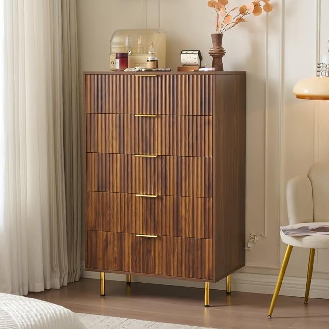 48" Tall Dresser for Bedroom with 5 Drawers, Mid Century Modern Wood Chest of Drawers, 30" Wide Fluted Closet Clothes Storage Organizer Dressers for Living Room, Hallway, Dark Walnut