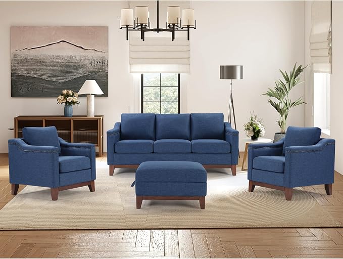 HAOMARKETS 4 Piece Fabric Sofa Set with Nailhead Trim, Included Upholstered Accent Chair Set of 2 with Thicked Cushion, 3 Seater Couch and Storage Ottoman with Flip-Top Table for Living Room, Blue