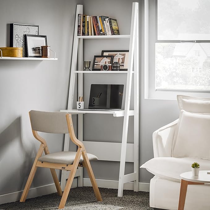 Haotian Ladder Desk with Shelves, Wall Desk for Small Space, Secretary Desk Workstation Dresser Shelf Freestanding Bookshelf, White FRG60-W | Freestanding Bookcase Desk for Storage & Study in Small Space, FRG60-W
